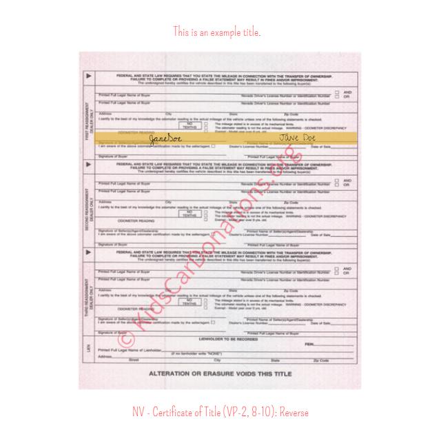 This is an Example of Nevada Certificate of Title (VP-2, 8-10) Reverse View | Kids Car Donations